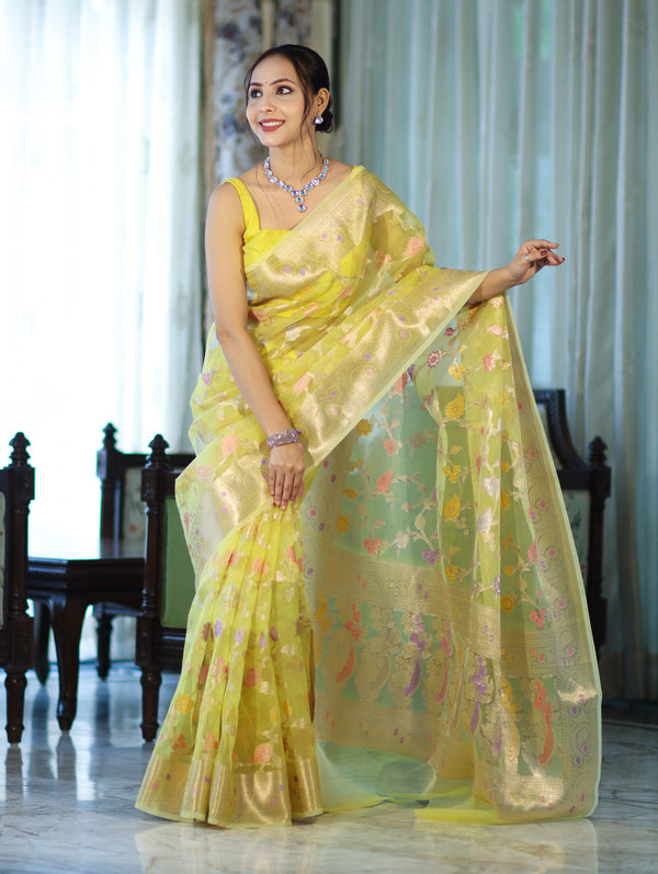 Banarasee Organza Mix Saree With Zari Meena Jaal Design & Border-Light Yellow