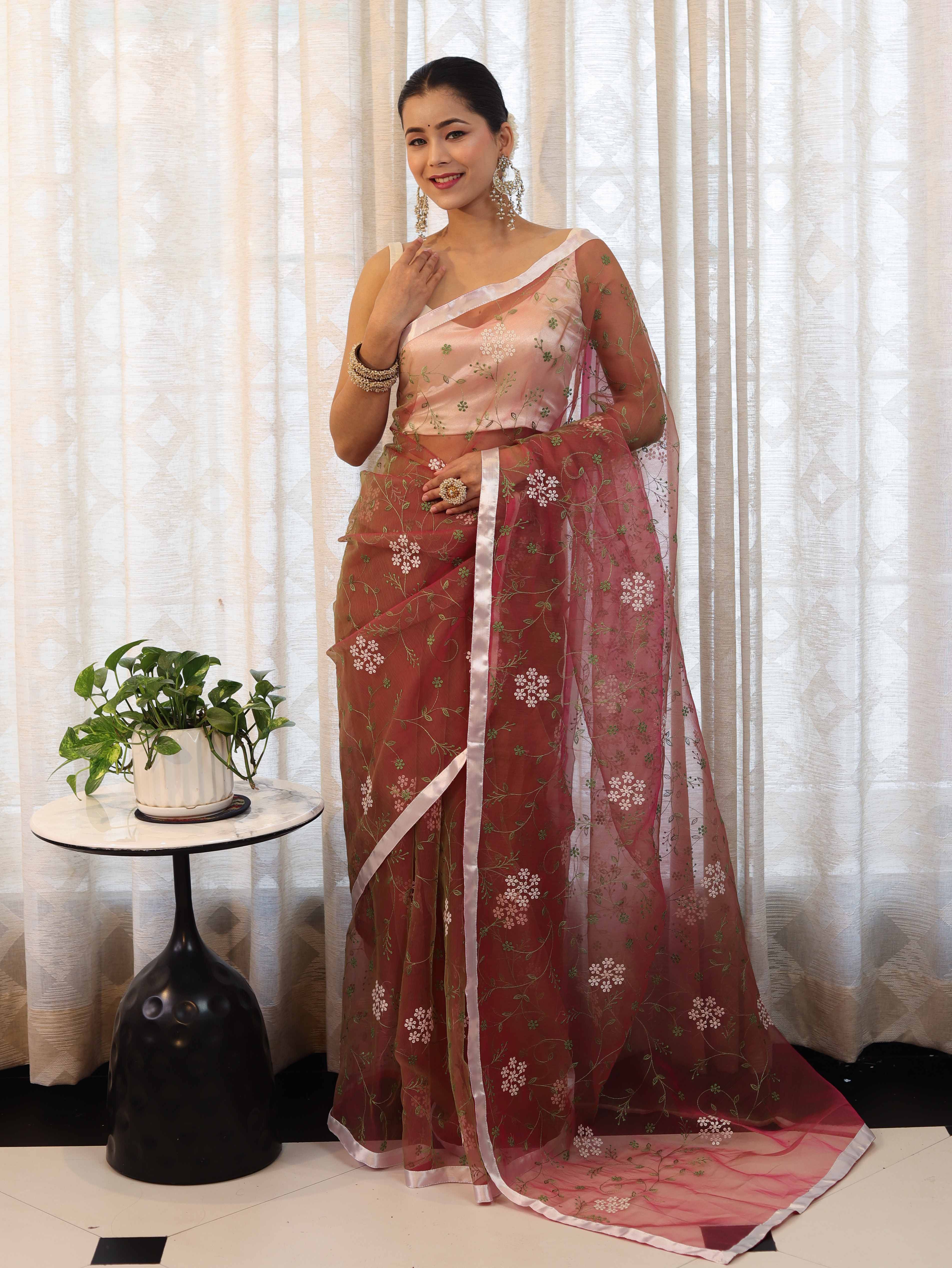 Banarasee Organza Mix Saree With Floral Embroidered Work & Satin Border-Peach