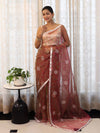Banarasee Organza Mix Saree With Floral Embroidered Work & Satin Border-Peach