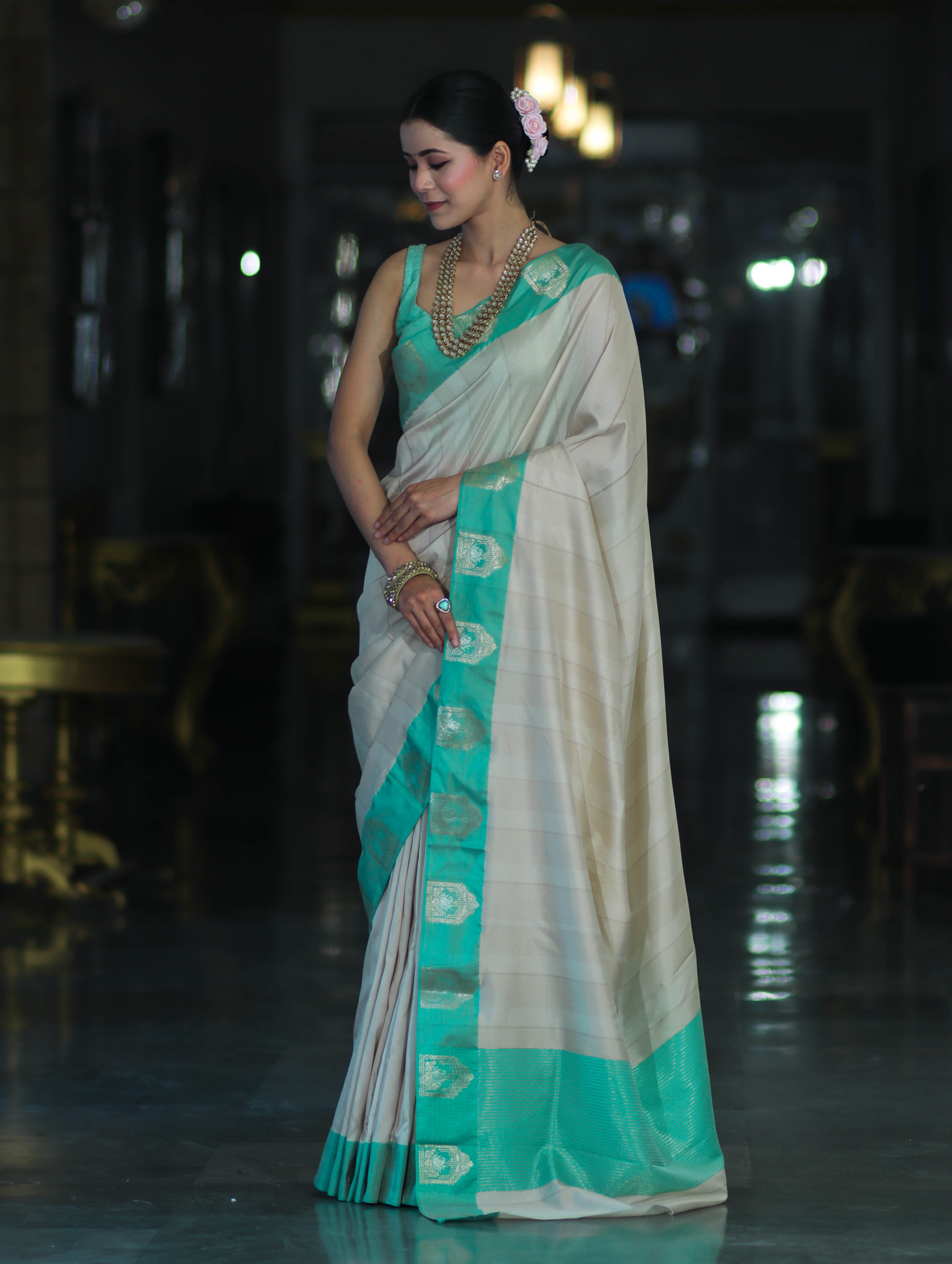 Banarasee Handloom Plain Semi Silk Saree With Contrast Zari Border-Cream & Light Green
