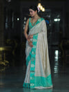 Banarasee Handloom Plain Semi Silk Saree With Contrast Zari Border-Cream & Light Green