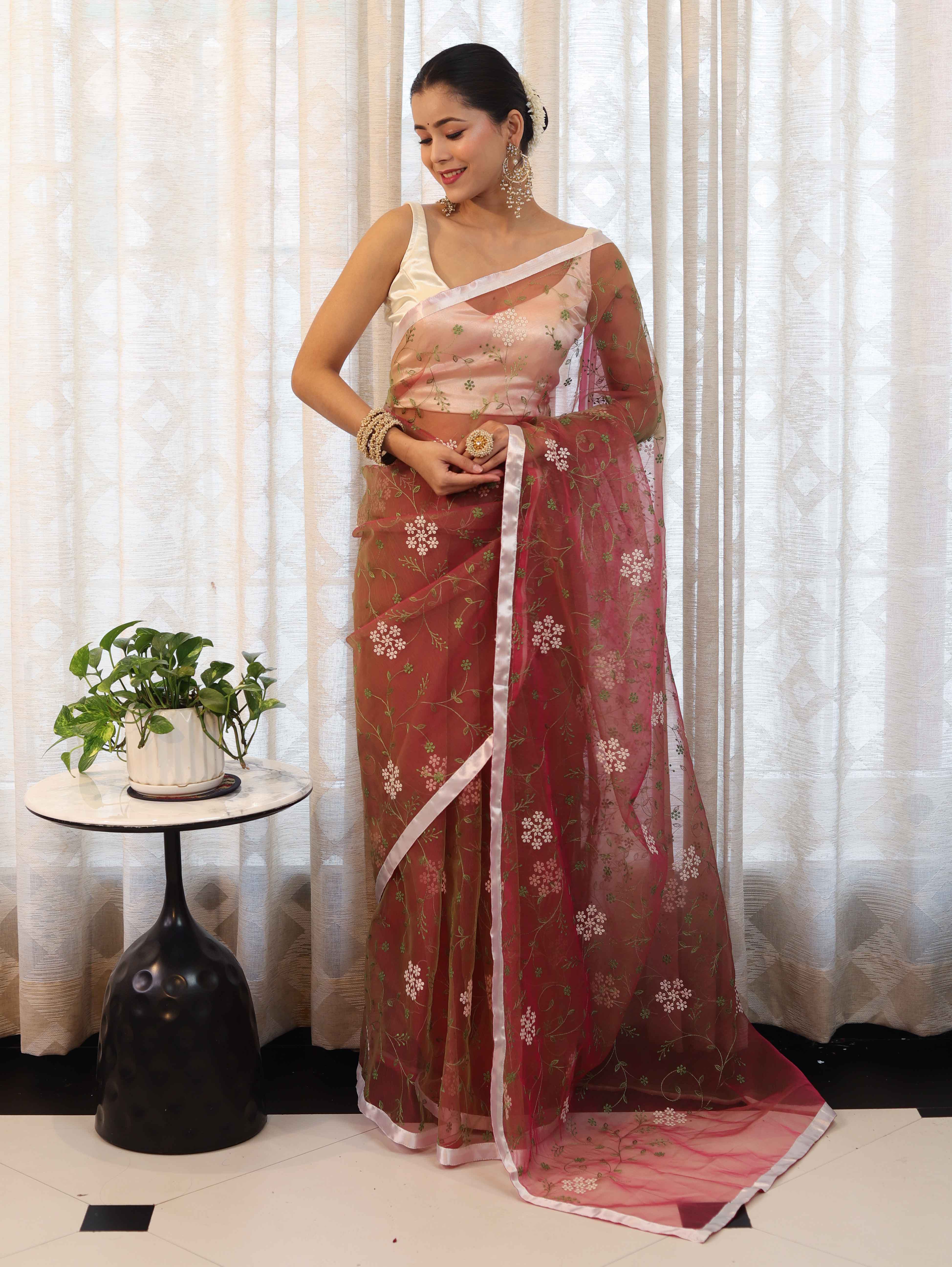 Banarasee Organza Mix Saree With Floral Embroidered Work & Satin Border-Peach