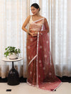 Banarasee Organza Mix Saree With Floral Embroidered Work & Satin Border-Peach
