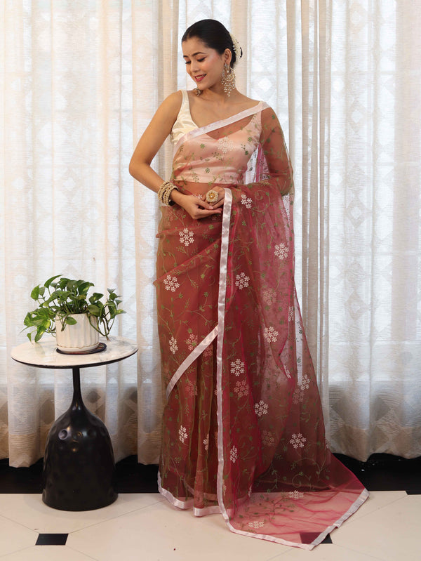 Banarasee Organza Mix Saree With Floral Embroidered Work & Satin Border-Peach