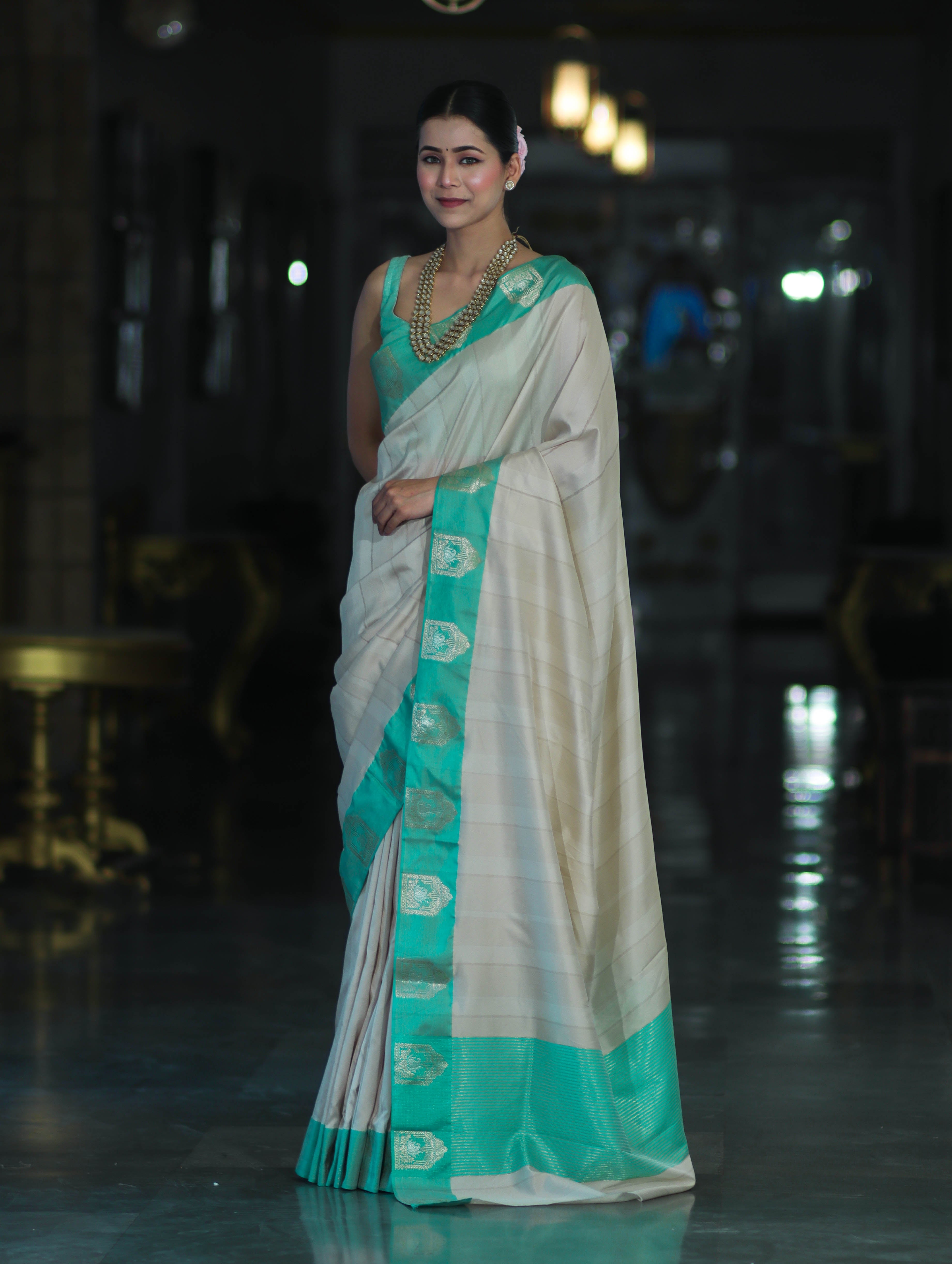 Banarasee Handloom Plain Semi Silk Saree With Contrast Zari Border-Cream & Light Green
