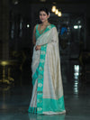 Banarasee Handloom Plain Semi Silk Saree With Contrast Zari Border-Cream & Light Green