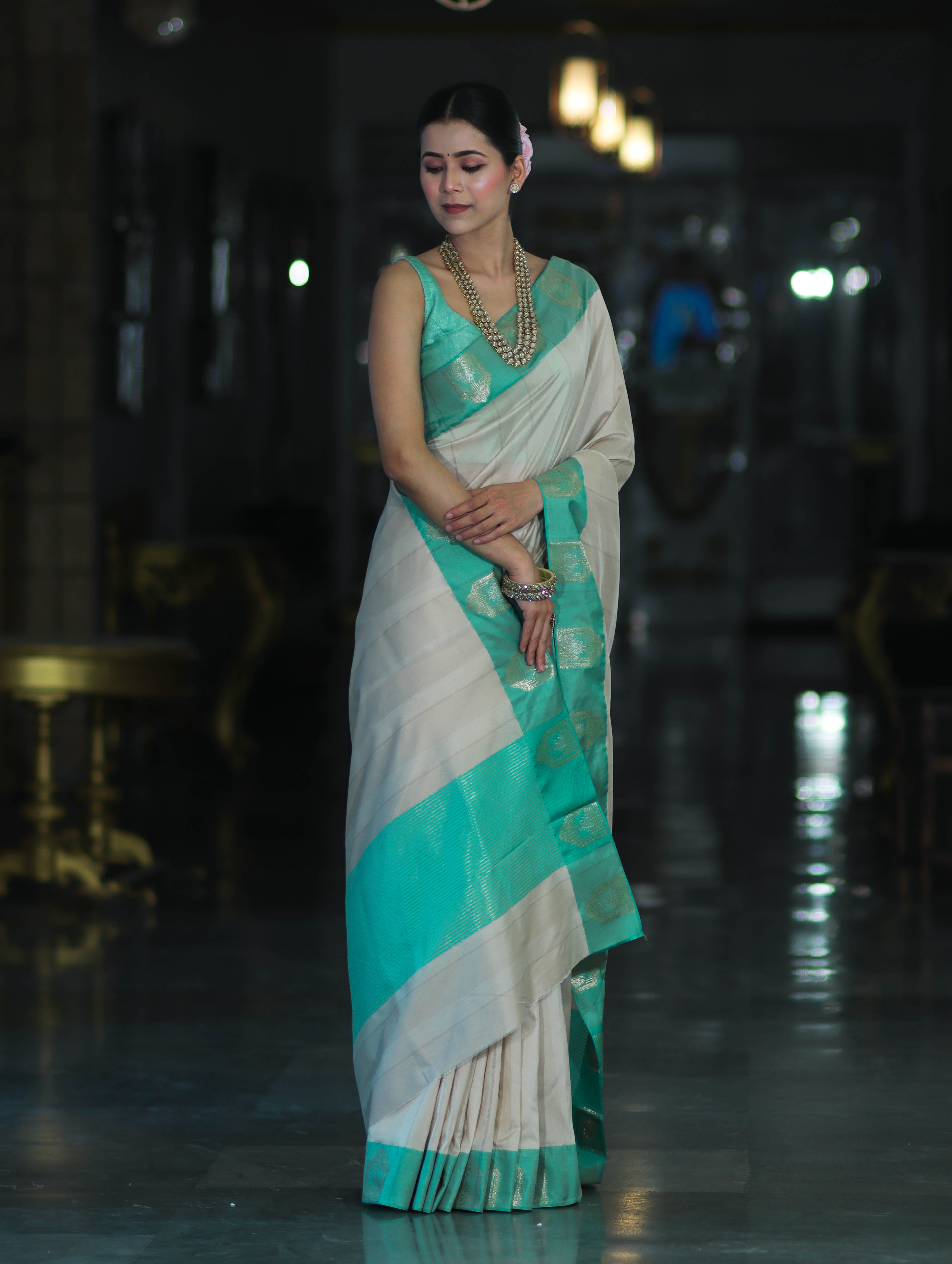 Banarasee Handloom Plain Semi Silk Saree With Contrast Zari Border-Cream & Light Green