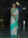 Banarasee Handloom Plain Semi Silk Saree With Contrast Zari Border-Cream & Light Green