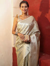 Banarasee Handwoven Tissue Saree With Silver Zari Jaal Design & Border-Silver