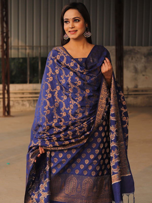 Banarasee Salwar Kameez Semi Katan Silk Fabric With Zari Work-Blue