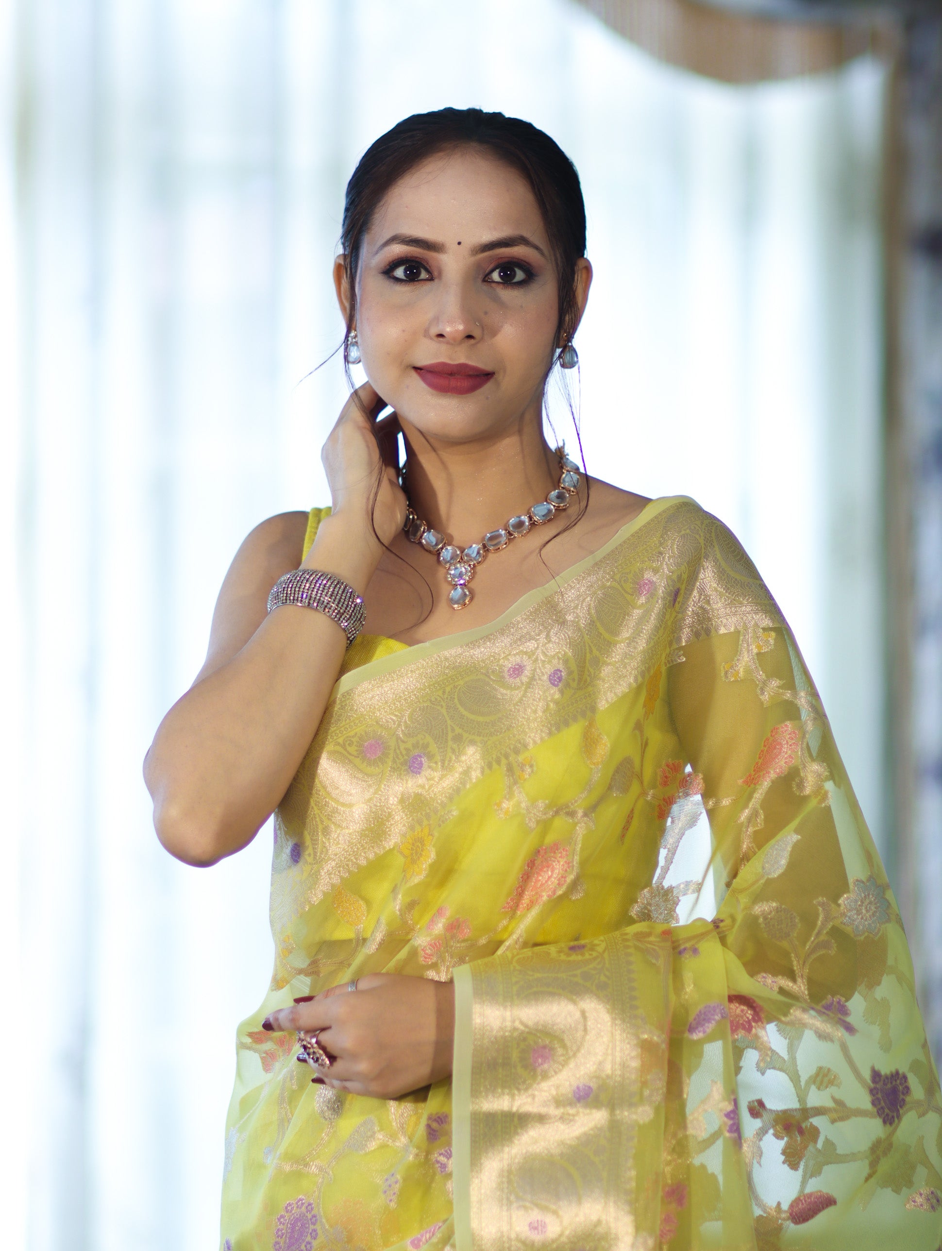 Banarasee Organza Mix Saree With Zari Meena Jaal Design & Border-Light Yellow