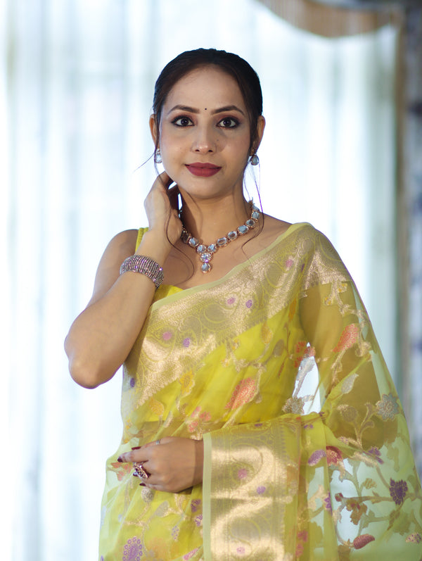 Banarasee Organza Mix Saree With Zari Meena Jaal Design & Border-Light Yellow