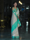 Banarasee Handloom Plain Semi Silk Saree With Contrast Zari Border-Cream & Light Green