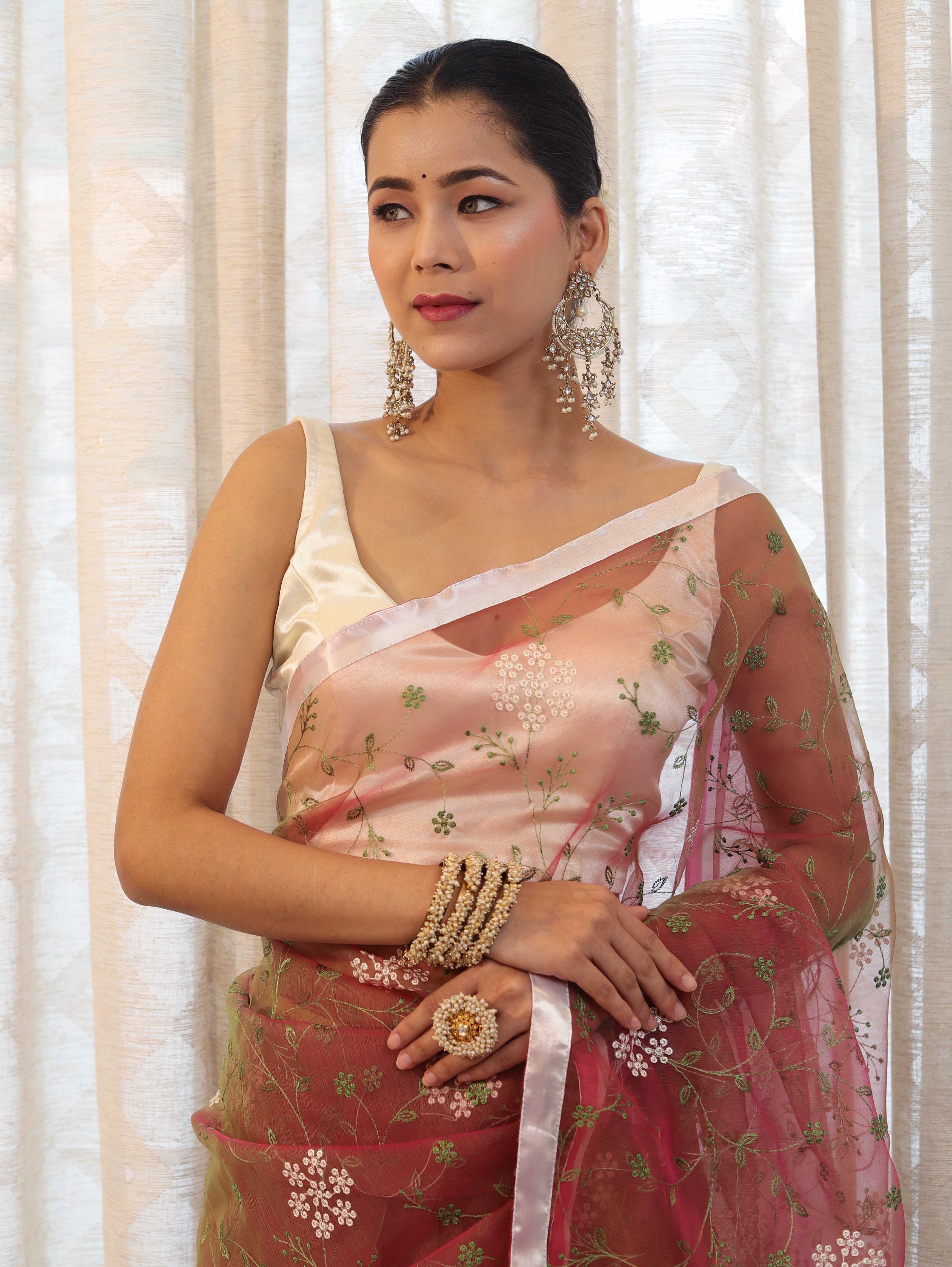 Banarasee Organza Mix Saree With Floral Embroidered Work & Satin Border-Peach