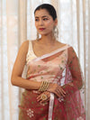 Banarasee Organza Mix Saree With Floral Embroidered Work & Satin Border-Peach