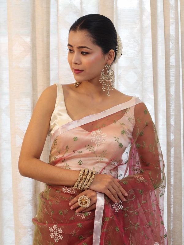 Banarasee Organza Mix Saree With Floral Embroidered Work & Satin Border-Peach