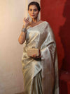 Banarasee Handwoven Tissue Saree With Silver Zari Jaal Design & Border-Silver