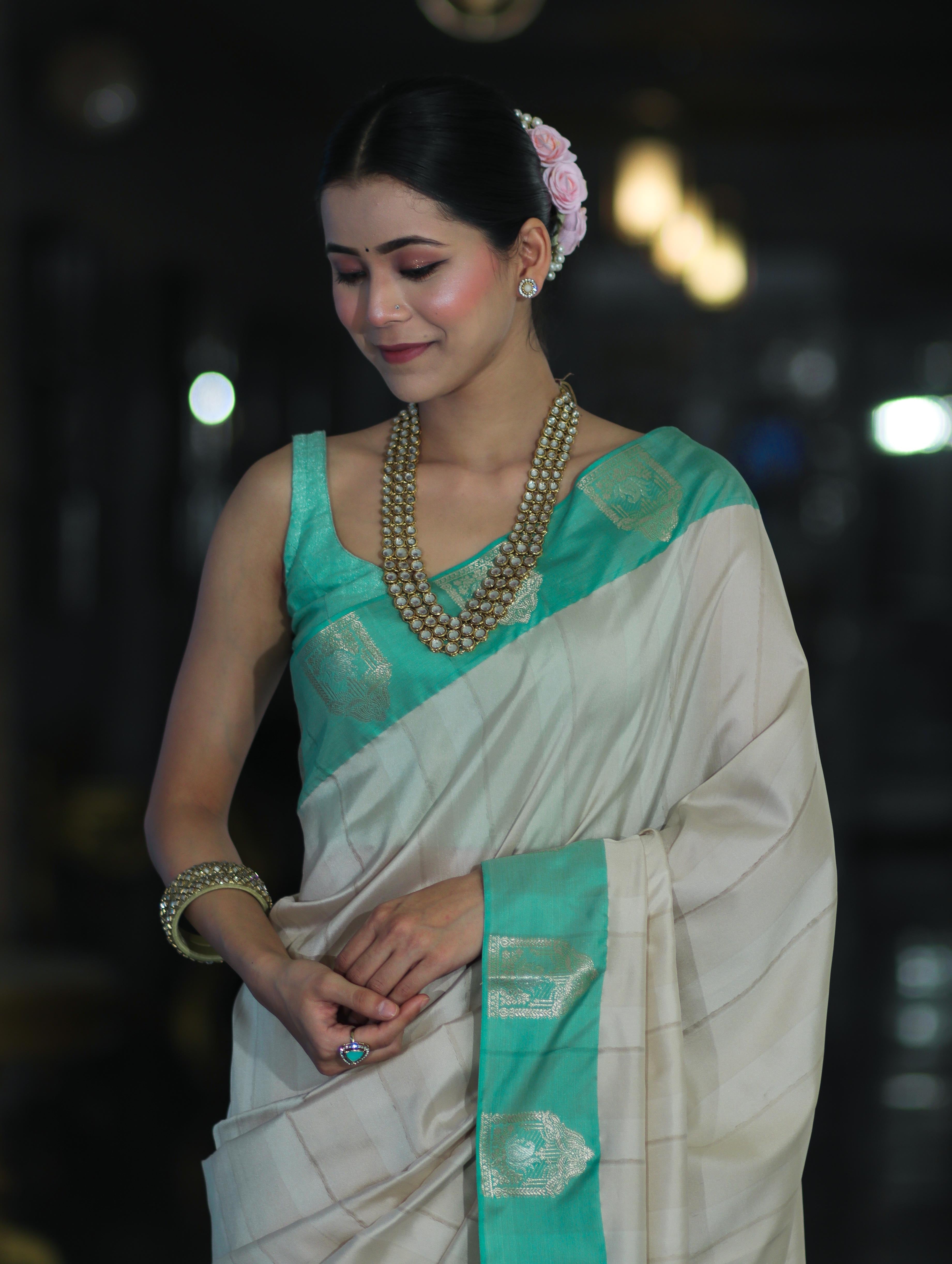 Banarasee Handloom Plain Semi Silk Saree With Contrast Zari Border-Cream & Light Green