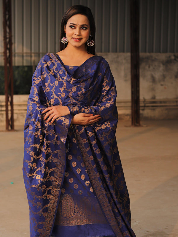 Banarasee Salwar Kameez Semi Katan Silk Fabric With Zari Work-Blue