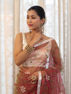 Banarasee Organza Mix Saree With Floral Embroidered Work & Satin Border-Peach