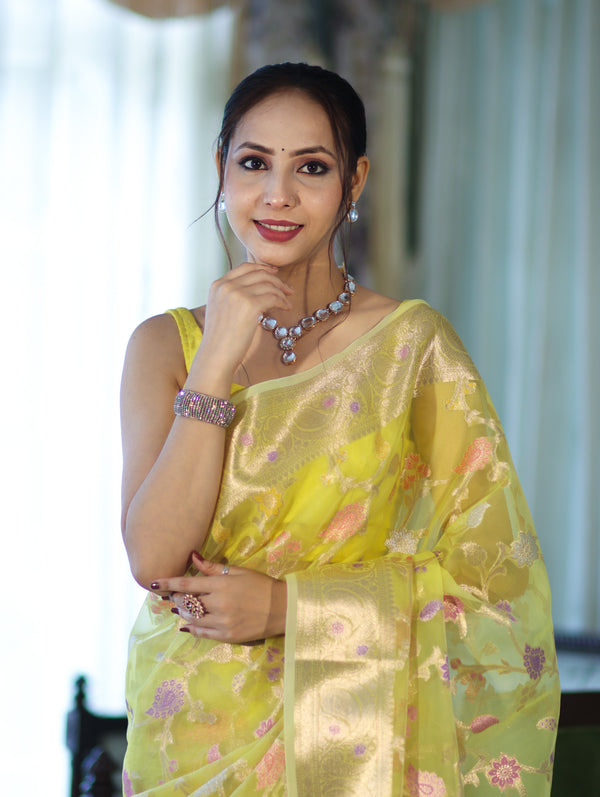 Banarasee Organza Mix Saree With Zari Meena Jaal Design & Border-Light Yellow