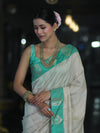 Banarasee Handloom Plain Semi Silk Saree With Contrast Zari Border-Cream & Light Green
