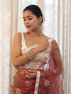 Banarasee Organza Mix Saree With Floral Embroidered Work & Satin Border-Peach
