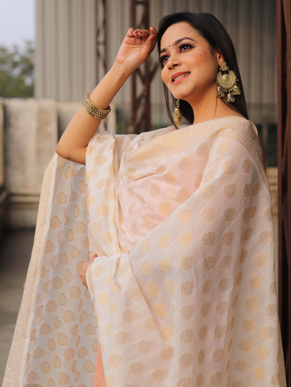 Banarasee Chanderi Cotton Salwar Kameez Set With Zari Work-Peach & White