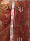 Banarasee Organza Mix Saree With Floral Embroidered Work & Satin Border-Peach