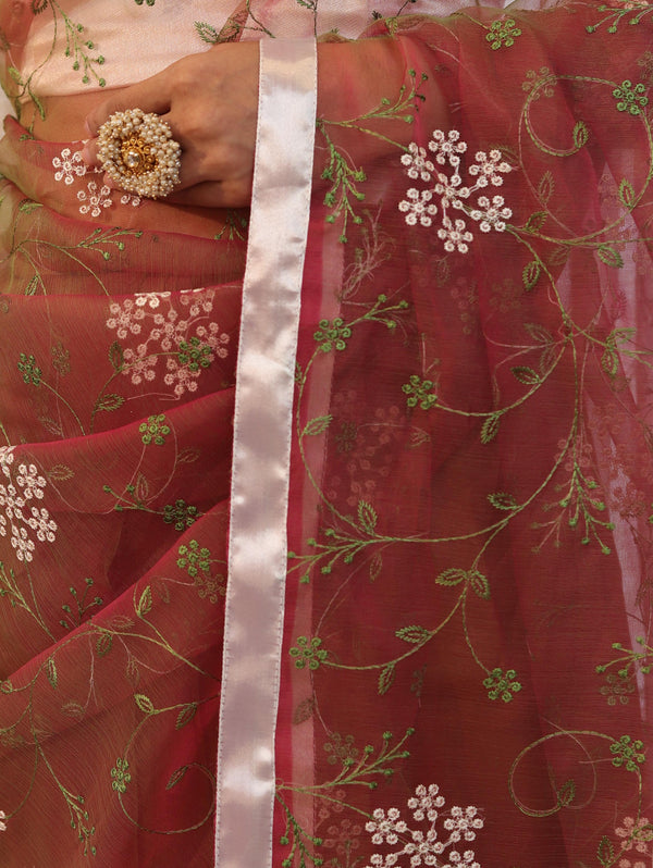 Banarasee Organza Mix Saree With Floral Embroidered Work & Satin Border-Peach