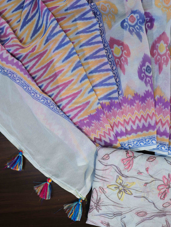 Banarasee Handwoven Faux Georgette Saree With Ikkat Print Design-Aqua Blue