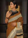 Handloom Mul Cotton Hand-Block Print Saree-Brown