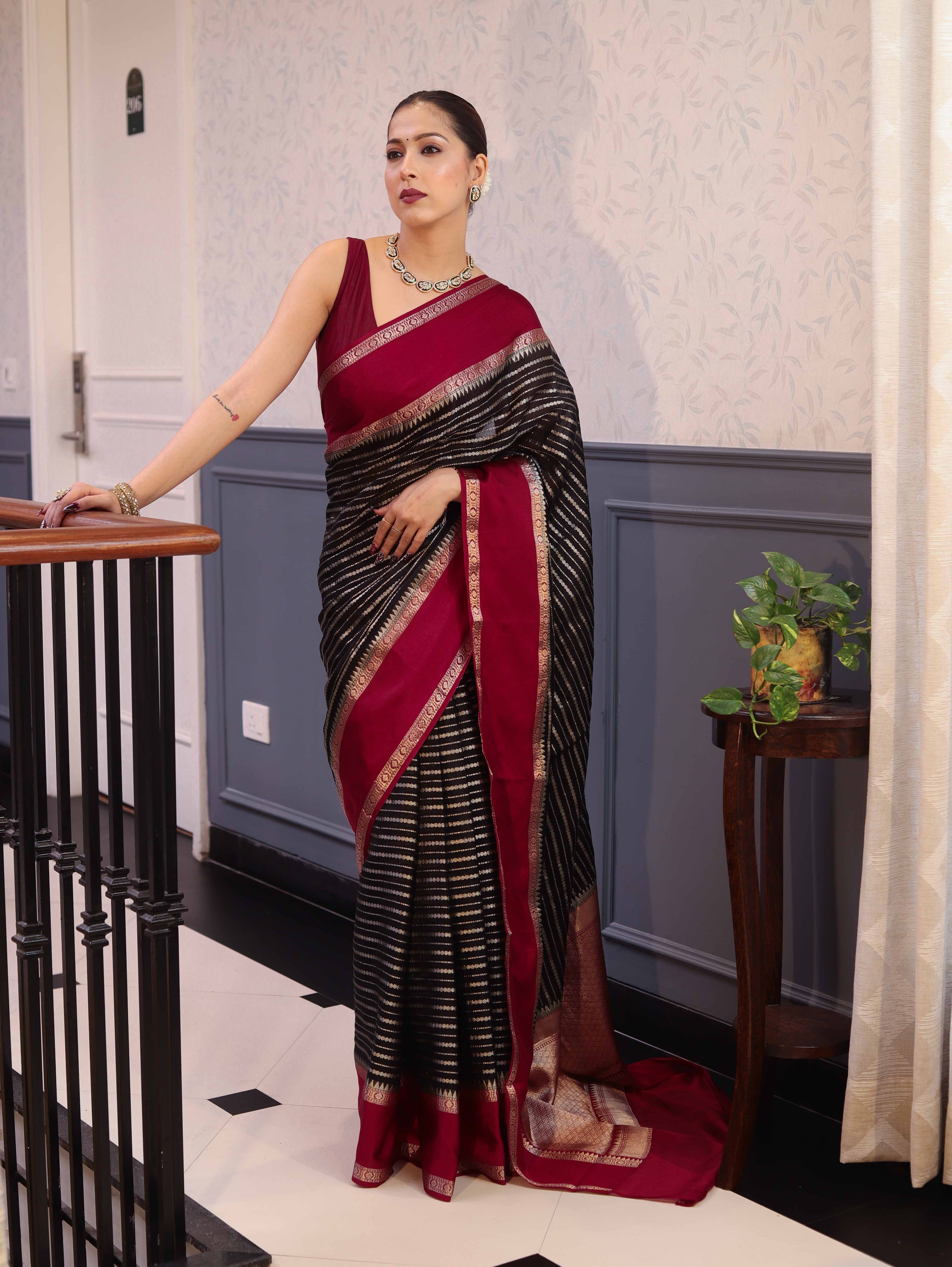 Banarasee Handwoven Semi Silk Saree With Zari Stripes Pattern & Contrast Border-Black & Maroon