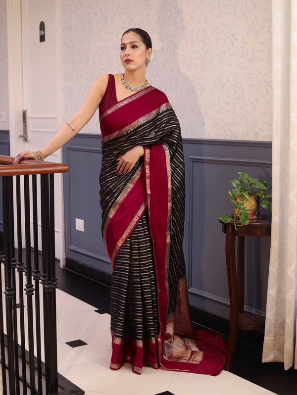 Banarasee Handwoven Semi Silk Saree With Zari Stripes Pattern & Contrast Border-Black & Maroon