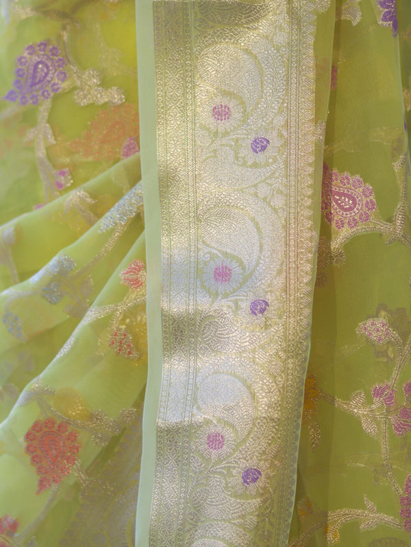 Banarasee Organza Mix Saree With Zari Meena Jaal Design & Border-Light Yellow