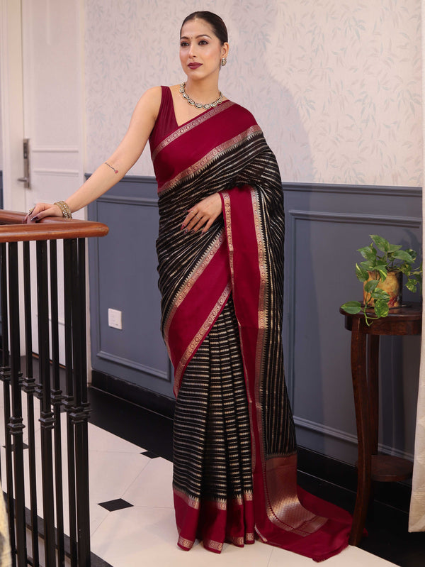 Banarasee Handwoven Semi Silk Saree With Zari Stripes Pattern & Contrast Border-Black & Maroon