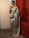 Banarasee Handwoven Tissue Saree With Silver Zari Jaal Design & Border-Silver