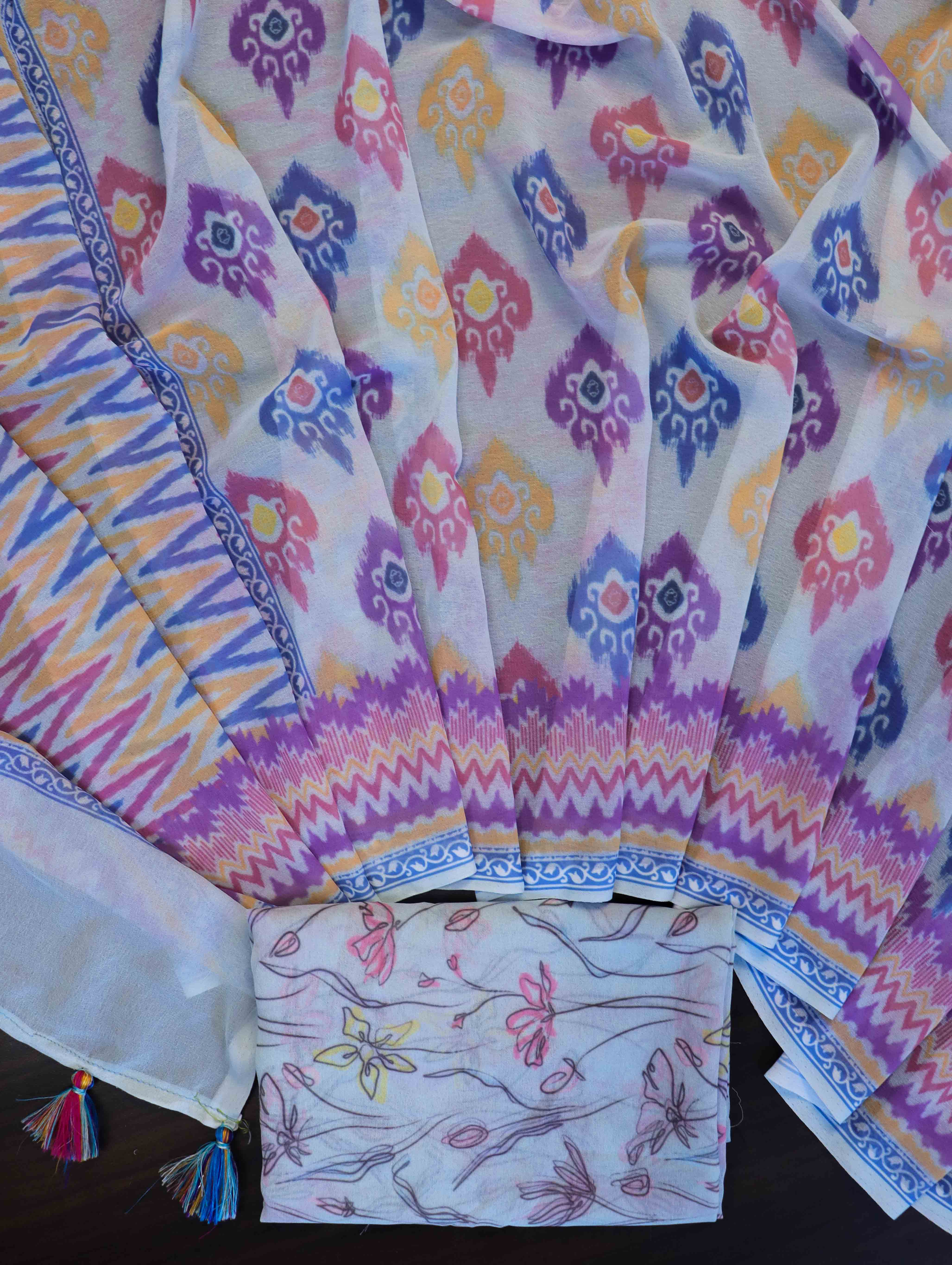 Banarasee Handwoven Faux Georgette Saree With Ikkat Print Design-Aqua Blue