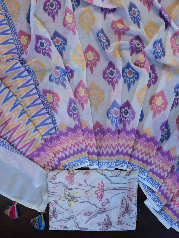 Banarasee Handwoven Faux Georgette Saree With Ikkat Print Design-Aqua Blue