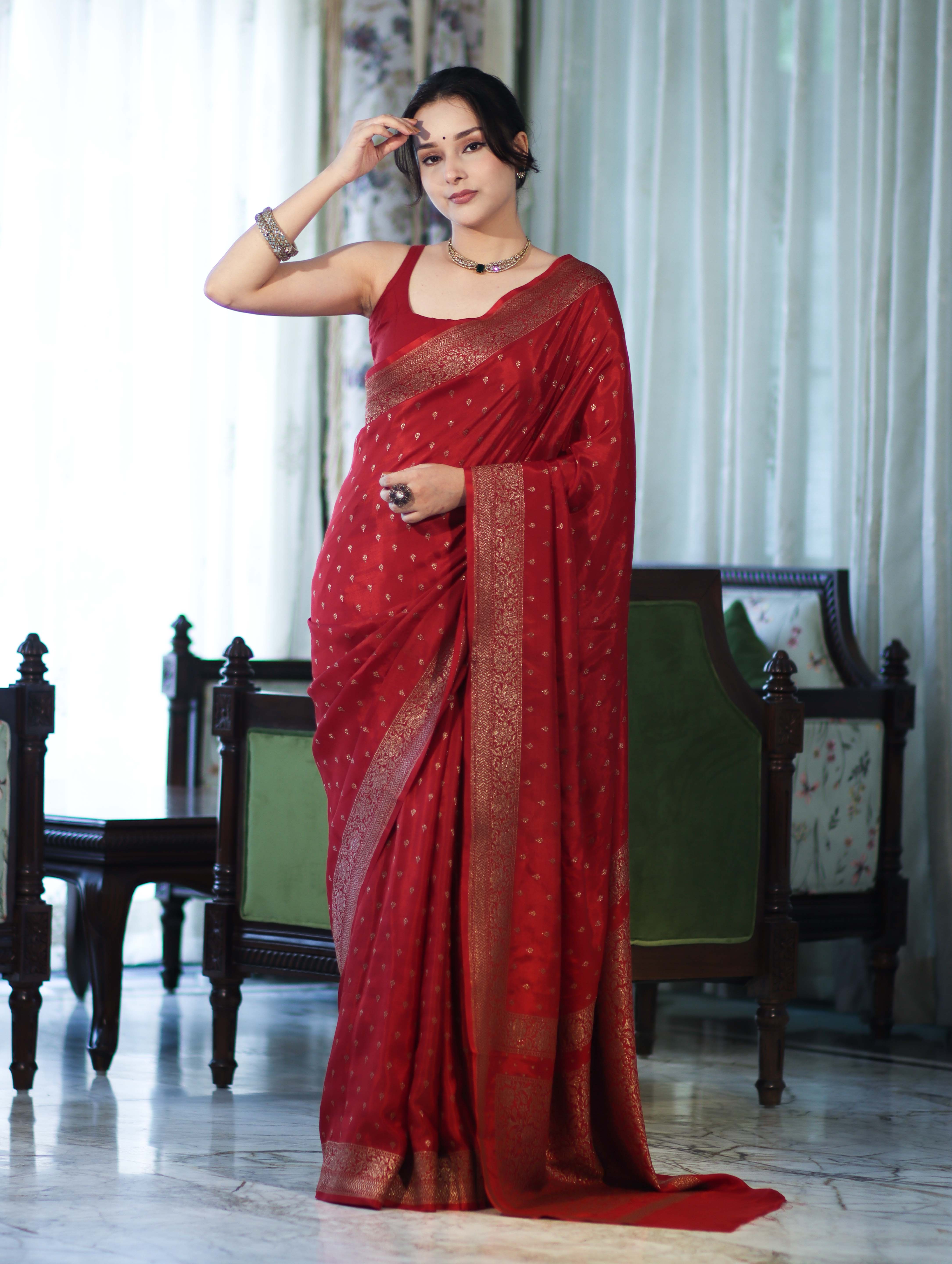 Banarasee Handloom Soft Silk Saree With Antique Zari Buti Design & Border-Maroon