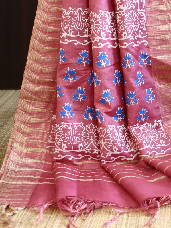 Handloom Block Printed Cotton Silk Salwar Kameez Dupatta Set-Onion Pink