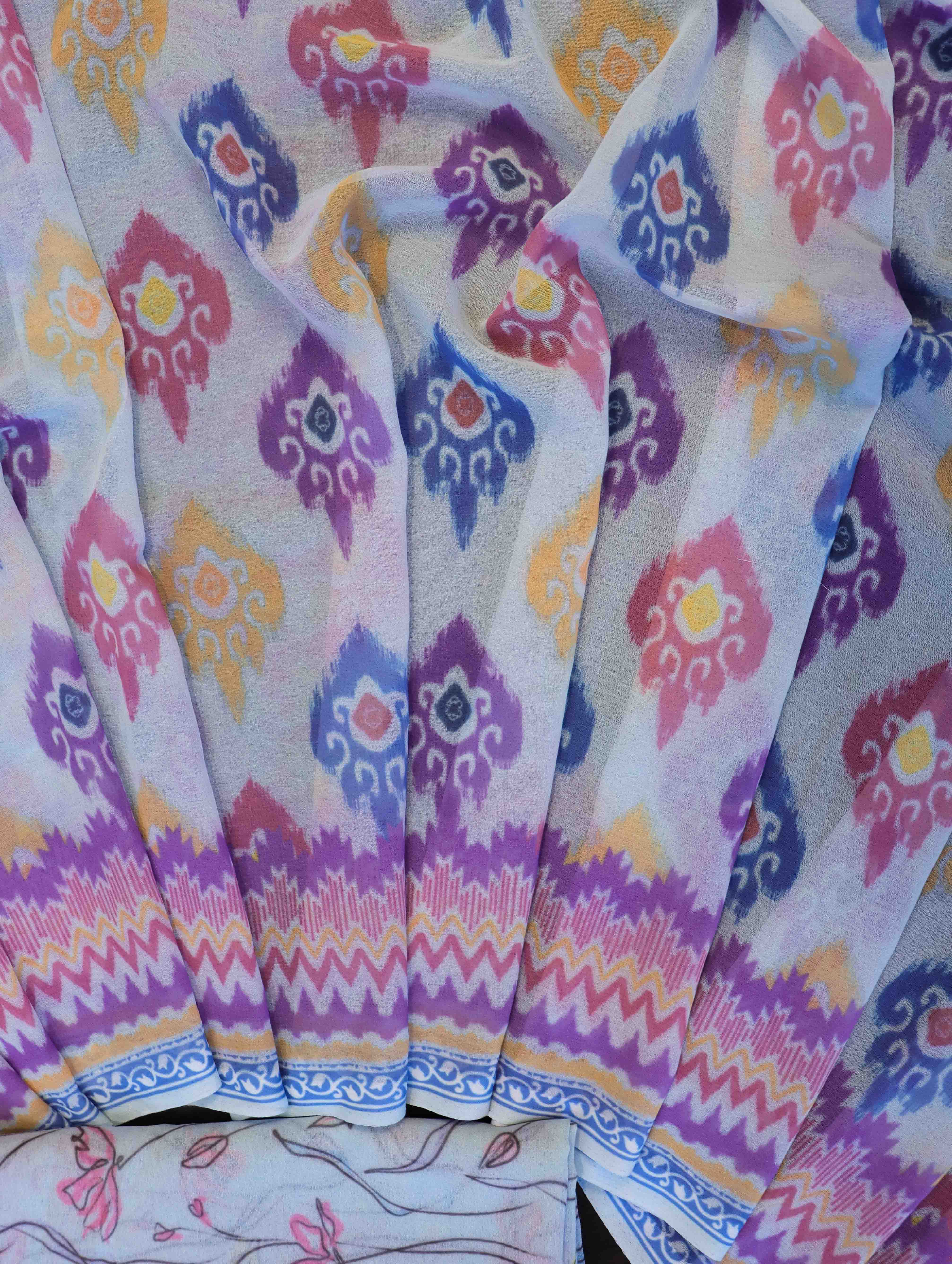 Banarasee Handwoven Faux Georgette Saree With Ikkat Print Design-Aqua Blue