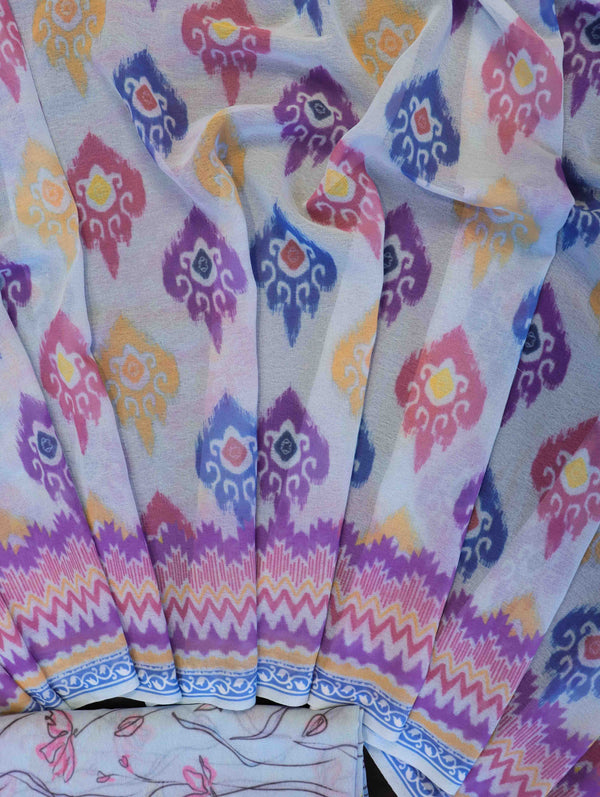 Banarasee Handwoven Faux Georgette Saree With Ikkat Print Design-Aqua Blue