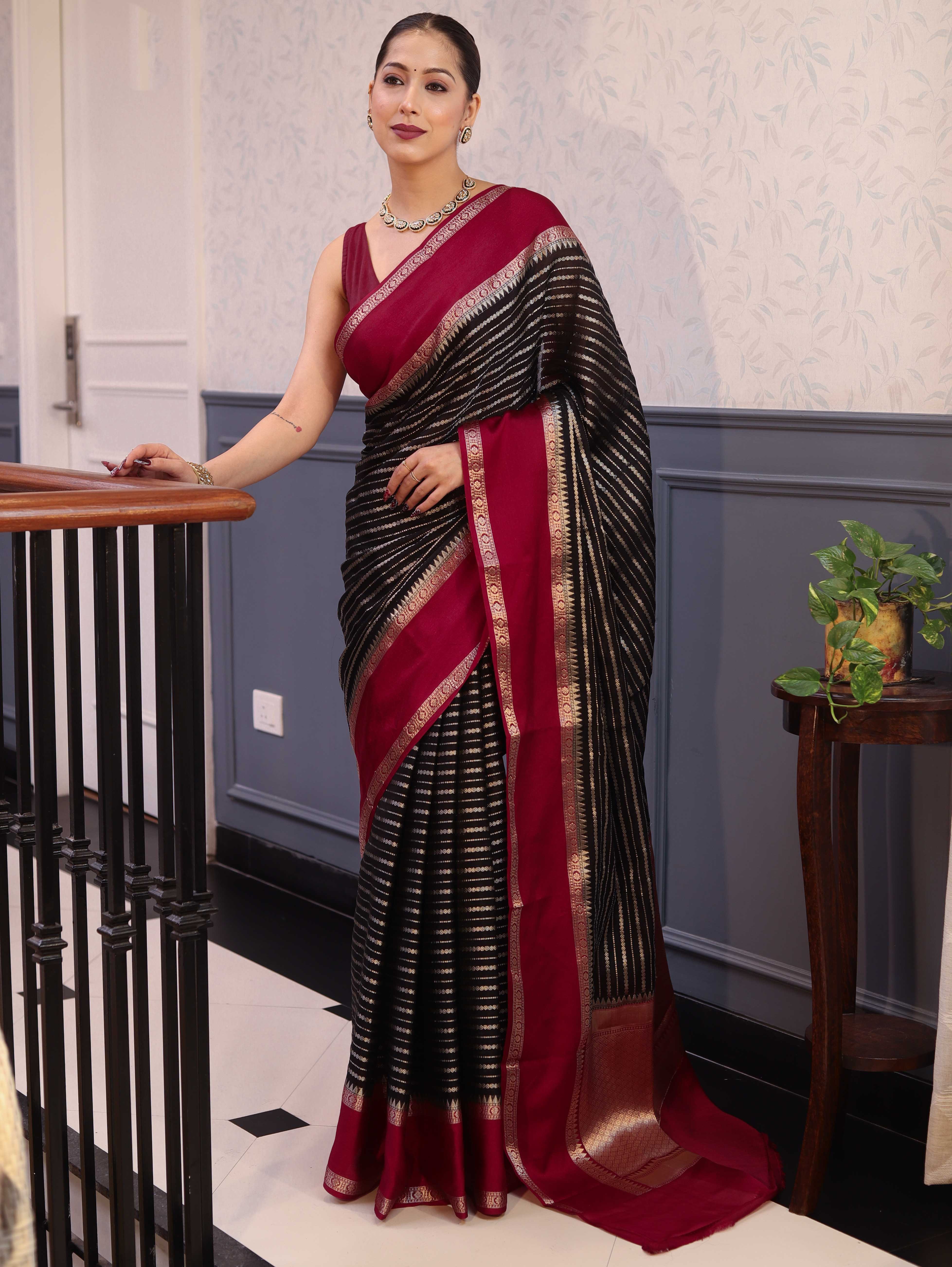 Banarasee Handwoven Semi Silk Saree With Zari Stripes Pattern & Contrast Border-Black & Maroon