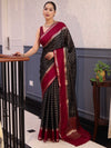 Banarasee Handwoven Semi Silk Saree With Zari Stripes Pattern & Contrast Border-Black & Maroon