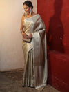 Banarasee Handwoven Tissue Saree With Silver Zari Jaal Design & Border-Silver