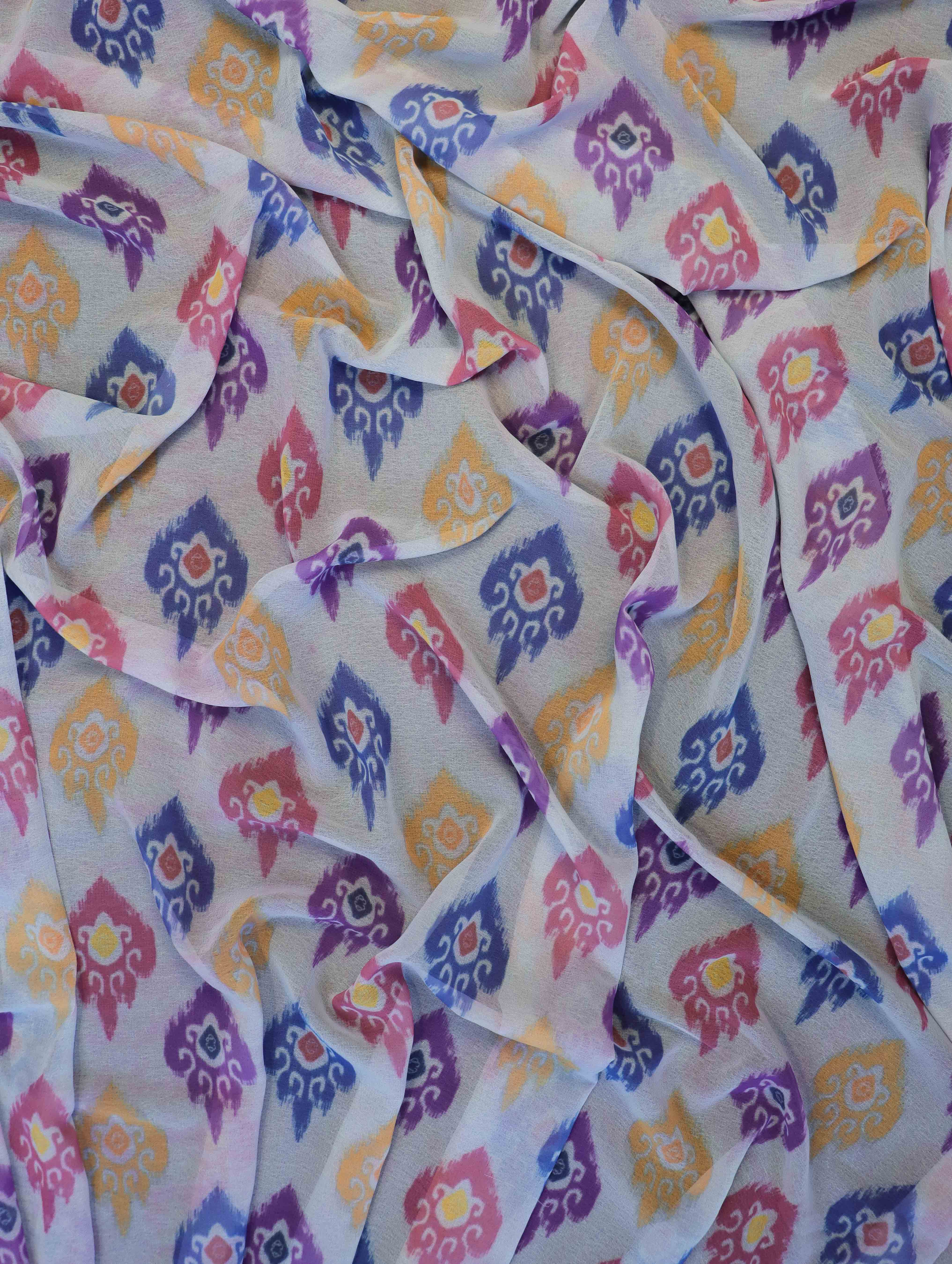 Banarasee Handwoven Faux Georgette Saree With Ikkat Print Design-Aqua Blue