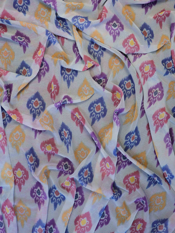 Banarasee Handwoven Faux Georgette Saree With Ikkat Print Design-Aqua Blue