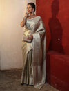 Banarasee Handwoven Tissue Saree With Silver Zari Jaal Design & Border-Silver