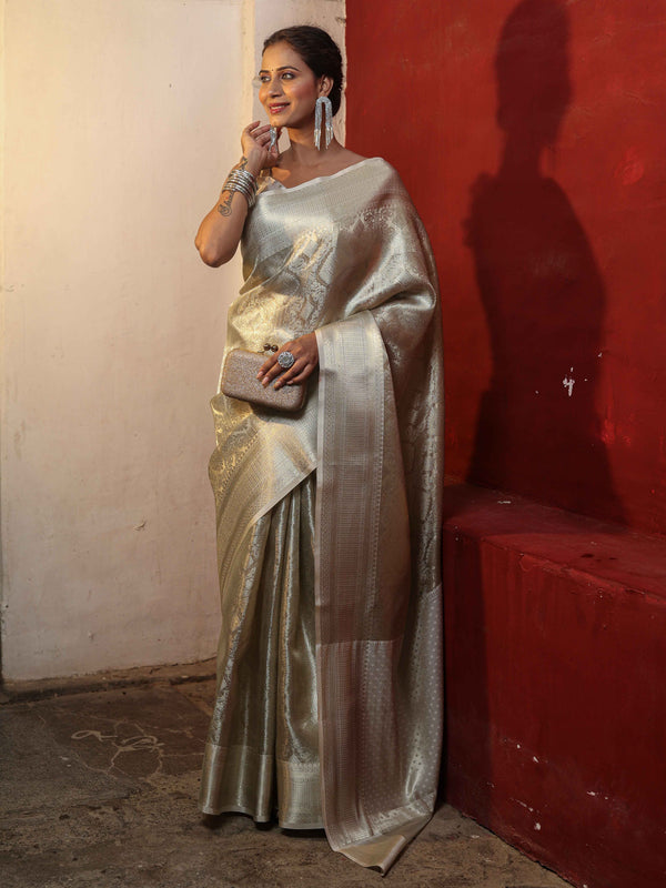 Banarasee Handwoven Tissue Saree With Silver Zari Jaal Design & Border-Silver